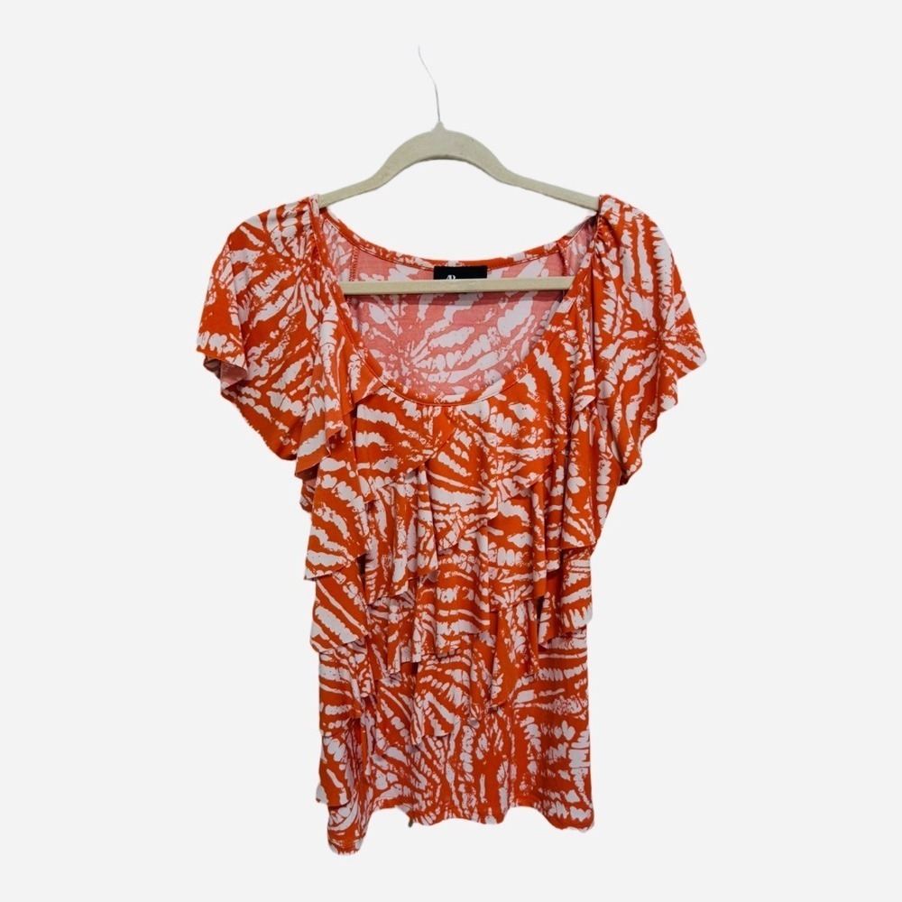 AB Studio Women's Tie Dye Short Sleeve Blouse Orange White Size Large